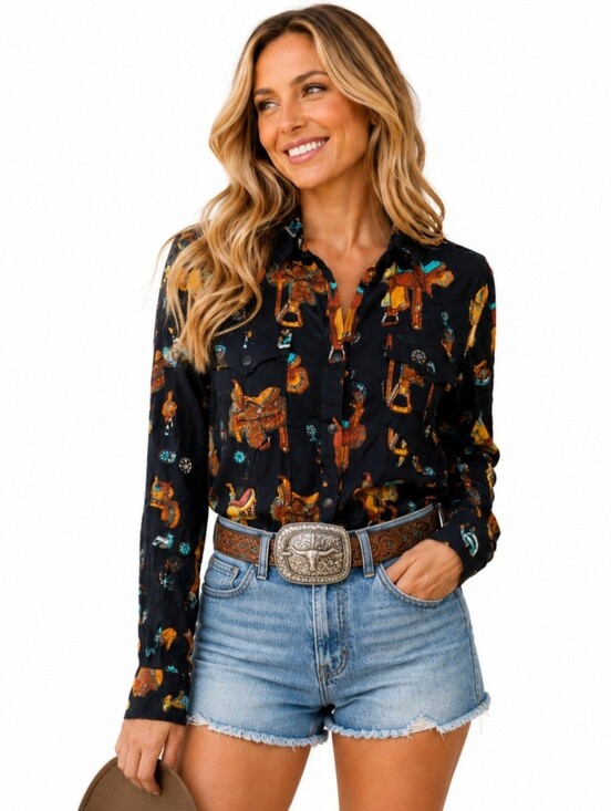 Wrangler Tops - Wrangler Retro Western Saddle Print Snap Button Shirt Women's Large NWT NEW